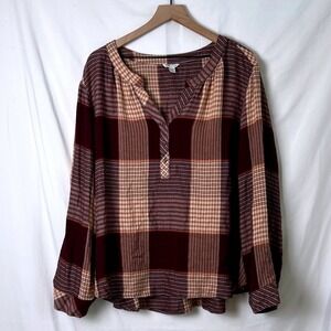 Cato Plus Burgundy Plaid Long Sleeve Tunic Top Womans Size 26/28W Flowy Western